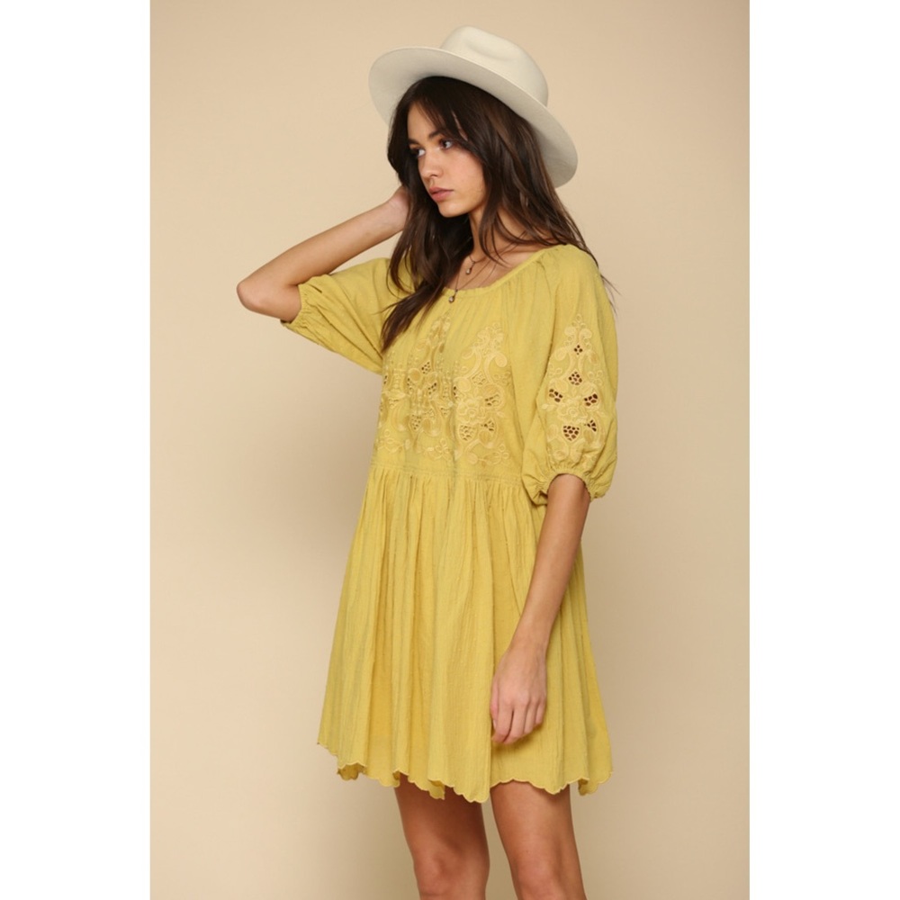 Boho Embroidered Yellow Peasant Dress - Picture 6 of 7